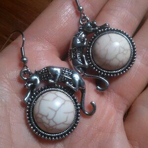 White Howlite Leopard Silvertone Dangle Earrings